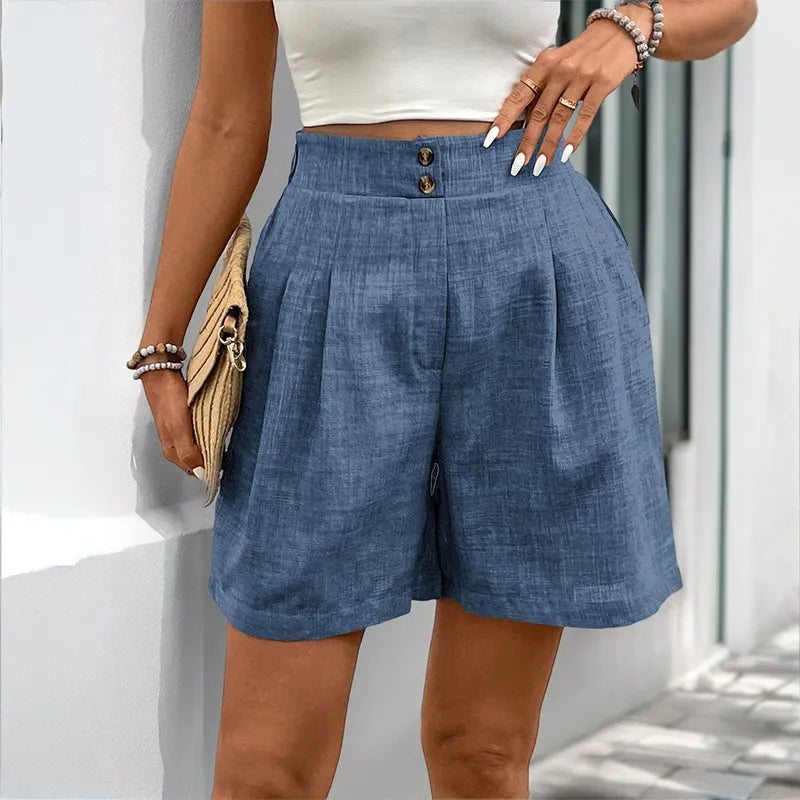 High Waist Double Button Pleated Linen Bermuda Shorts