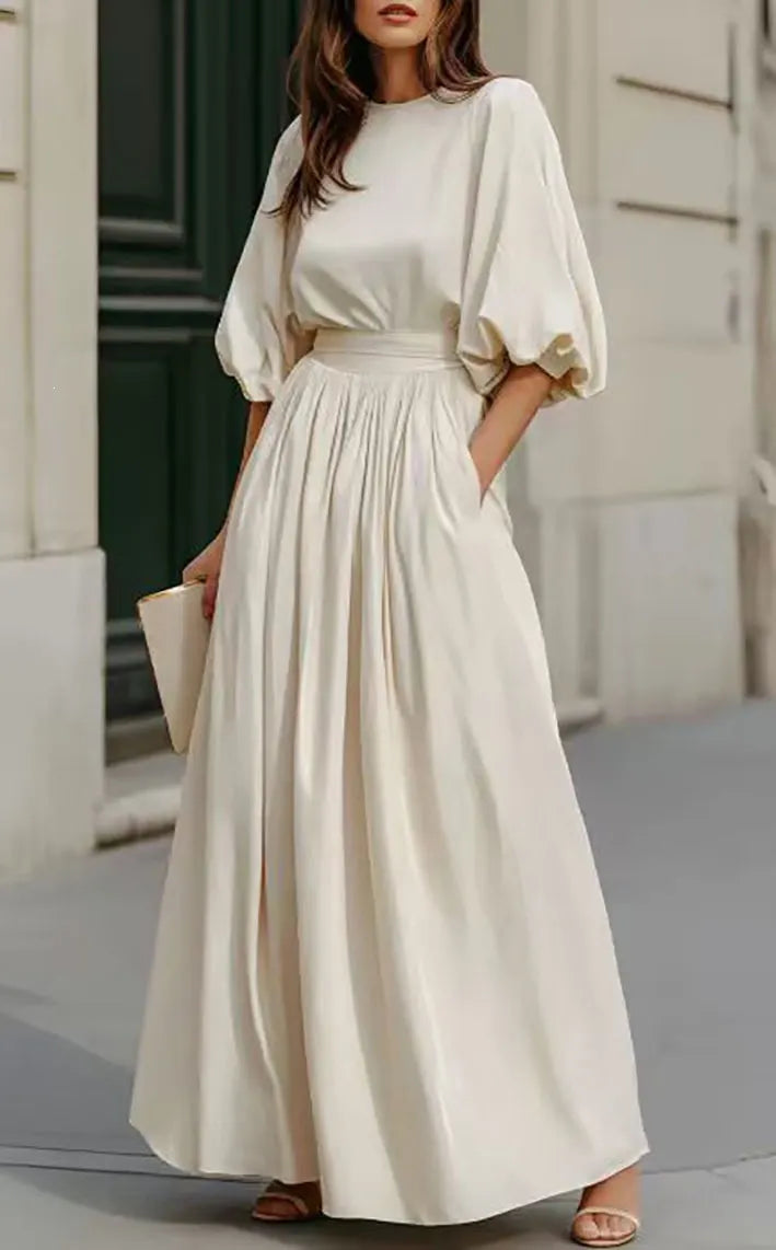 Cream Puff Short Sleeve High Waist Flowy Maxi Dress with Pockets