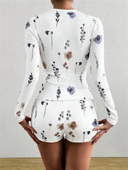Floral Print Cutout Long Sleeve Top & Shorts Pajama Set