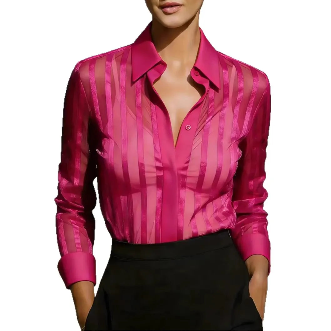 Sheer Striped Long-Sleeve Button-Down Shirt