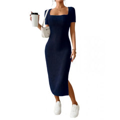 Square Neck Short Sleeve Ribbed Knit Bodycon Midi Dress with Side Slit