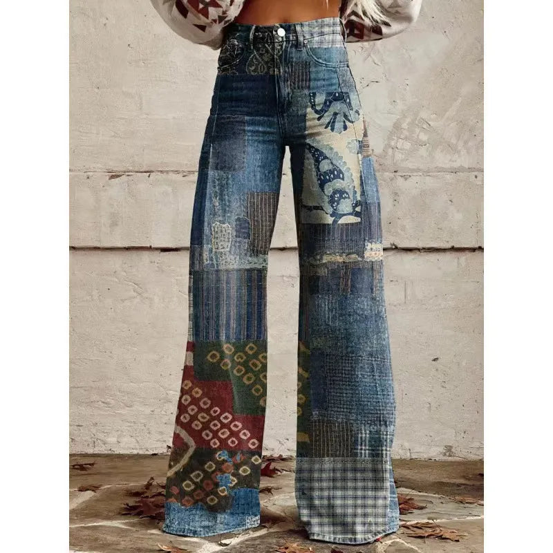 High Waist Western Cowboy Horse Print Wide Leg Pants