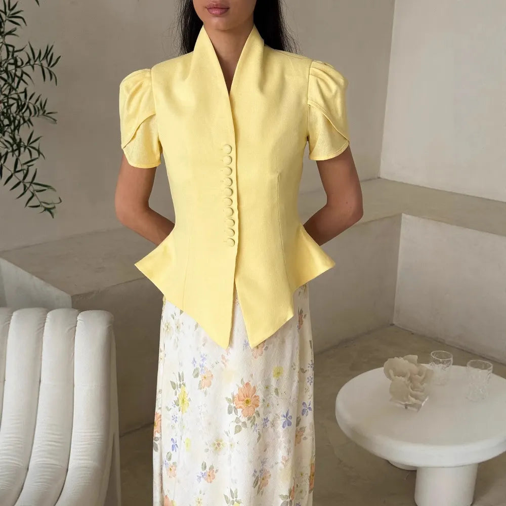 V-Neck Puff Sleeve Button Front Peplum Blouse