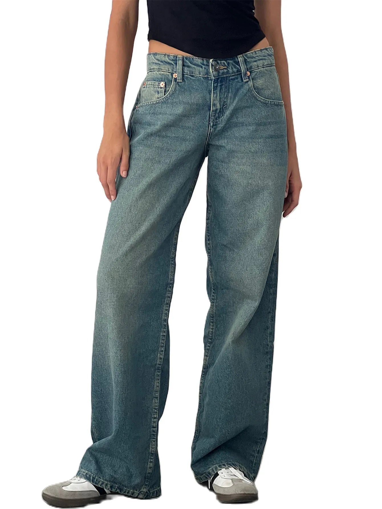 Vintage Wash Low Rise Wide Leg Denim Jeans