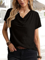Solid Color Cowl Neck Loose Fit Short Sleeve T-Shirt