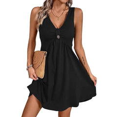 V-Neck Ruched Front Sleeveless A-Line Dress