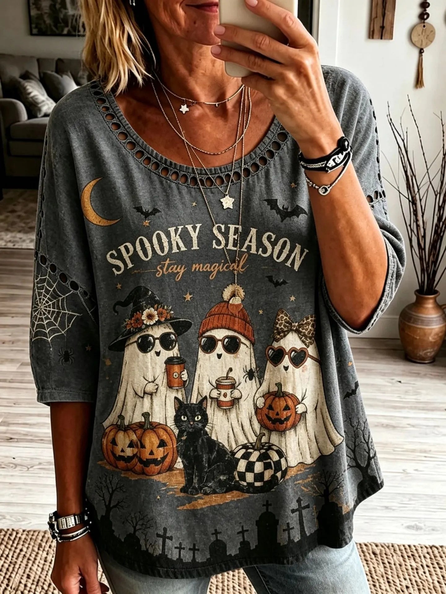 Halloween Spooky Season Ghost Pumpkin Print Crew Neck Short Sleeve T‑Shirt