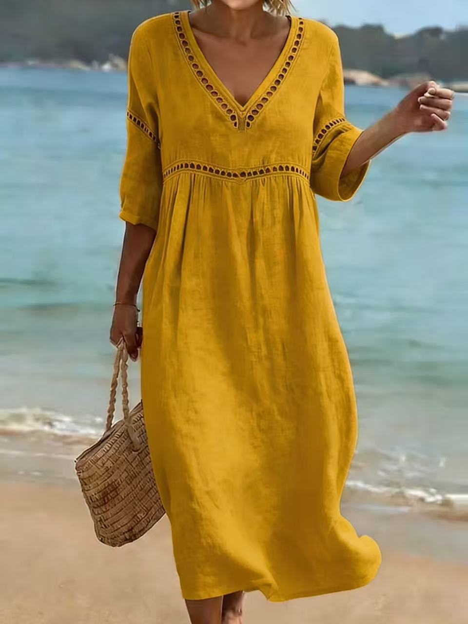 Deep V Neck Embroidery Trim Loose Cotton Linen Pull Pleat Maxi Dress