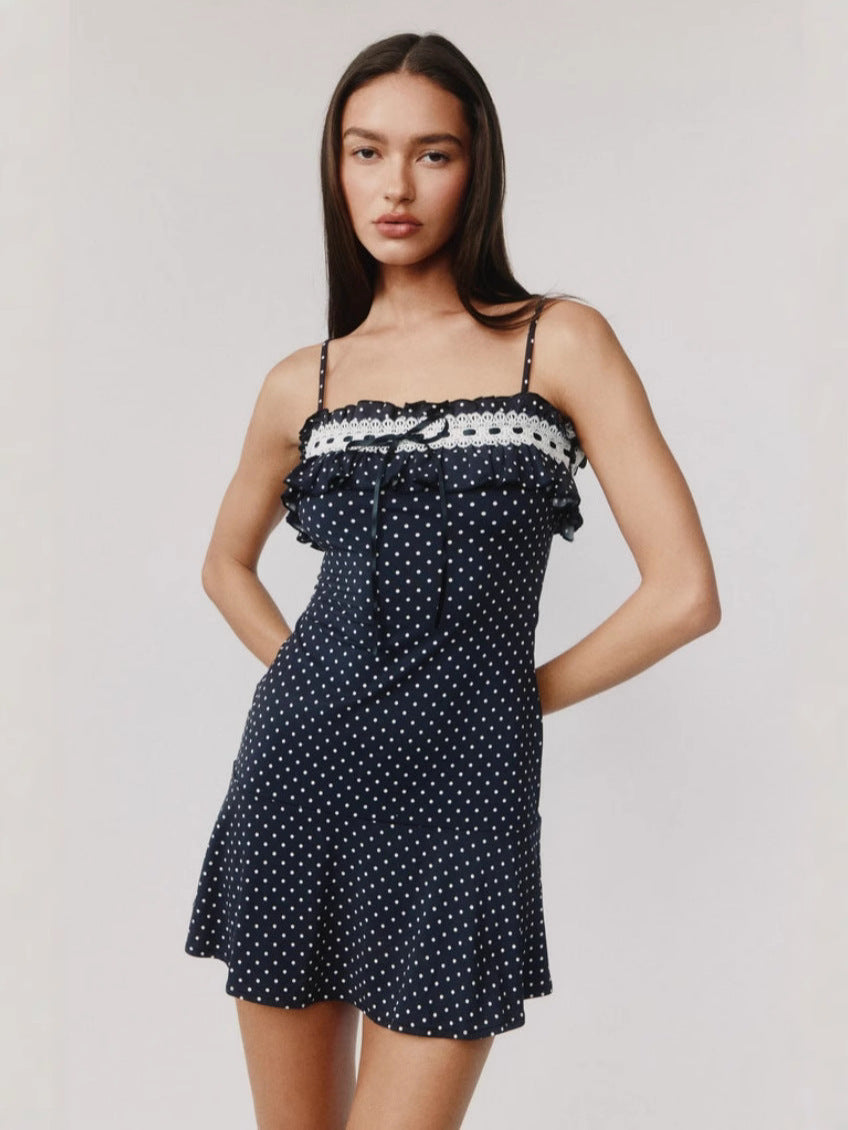 Navy Polka Dot Lace Trim Mini Dress