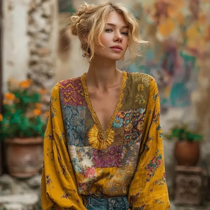 3D Digital Print V-Neck Lantern Long Sleeve Retro Casual Blouse