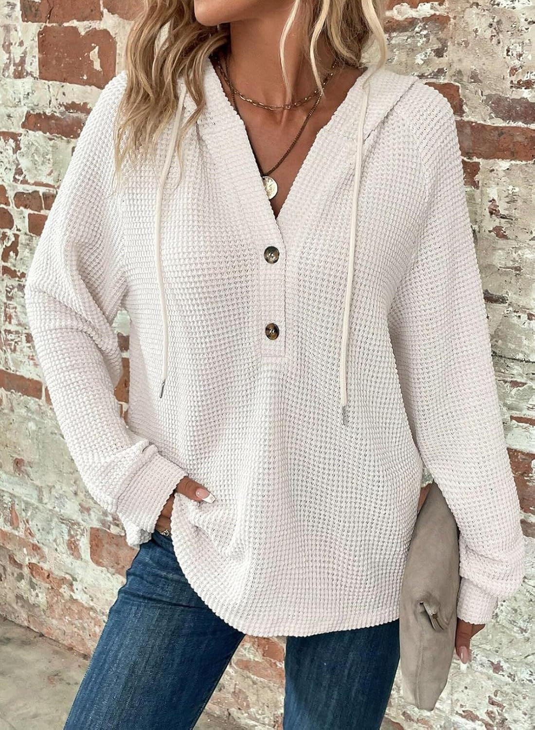 Waffle Knit Hooded Top, V-Neck Button Front Oversized Sweatshirt for Fall