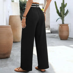 Contrast Lace Trim Wide Leg Pants - High Waist Tie Front Casual Trousers