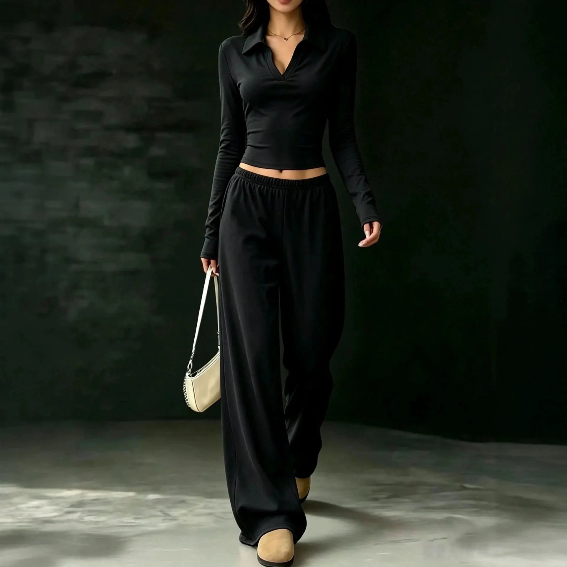 Black Polo V-neck Long Sleeve Crop Top & Elastic Waist Wide Leg Pants Two Piece Set