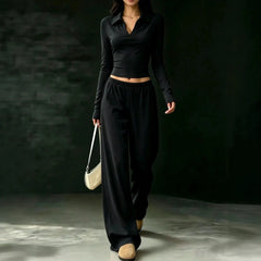 Black Polo V-neck Long Sleeve Crop Top & Elastic Waist Wide Leg Pants Two Piece Set
