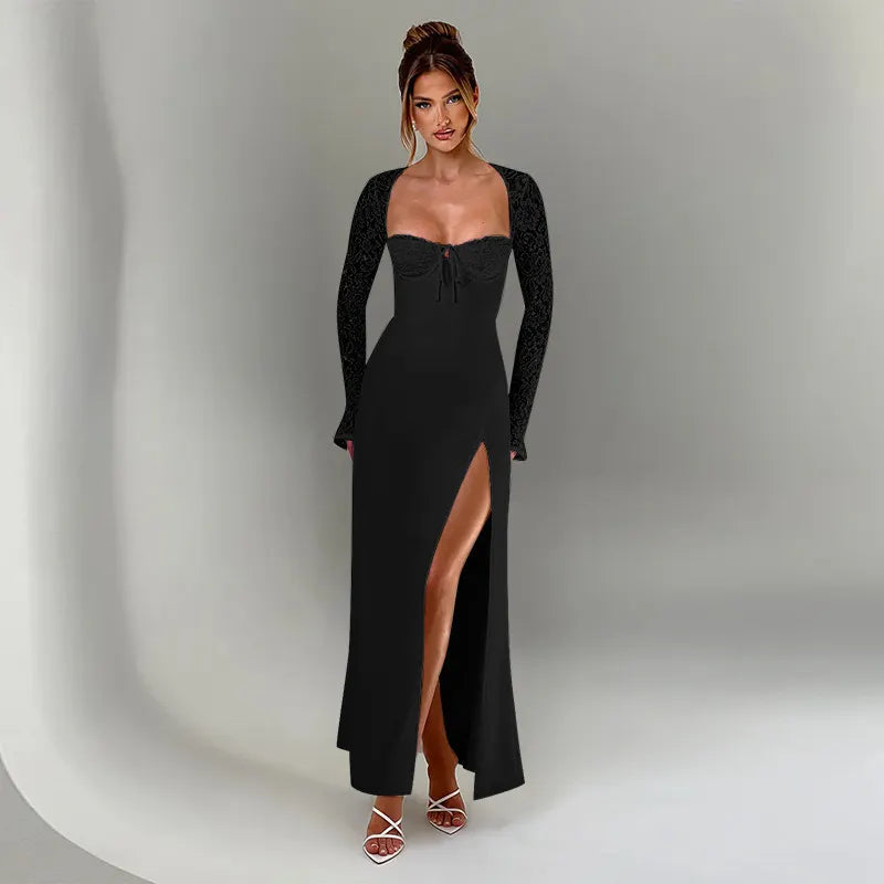 Solid Off Shoulder Lace Long Sleeve Tie Bust High Slit High Waist Bodycon Maxi Dress