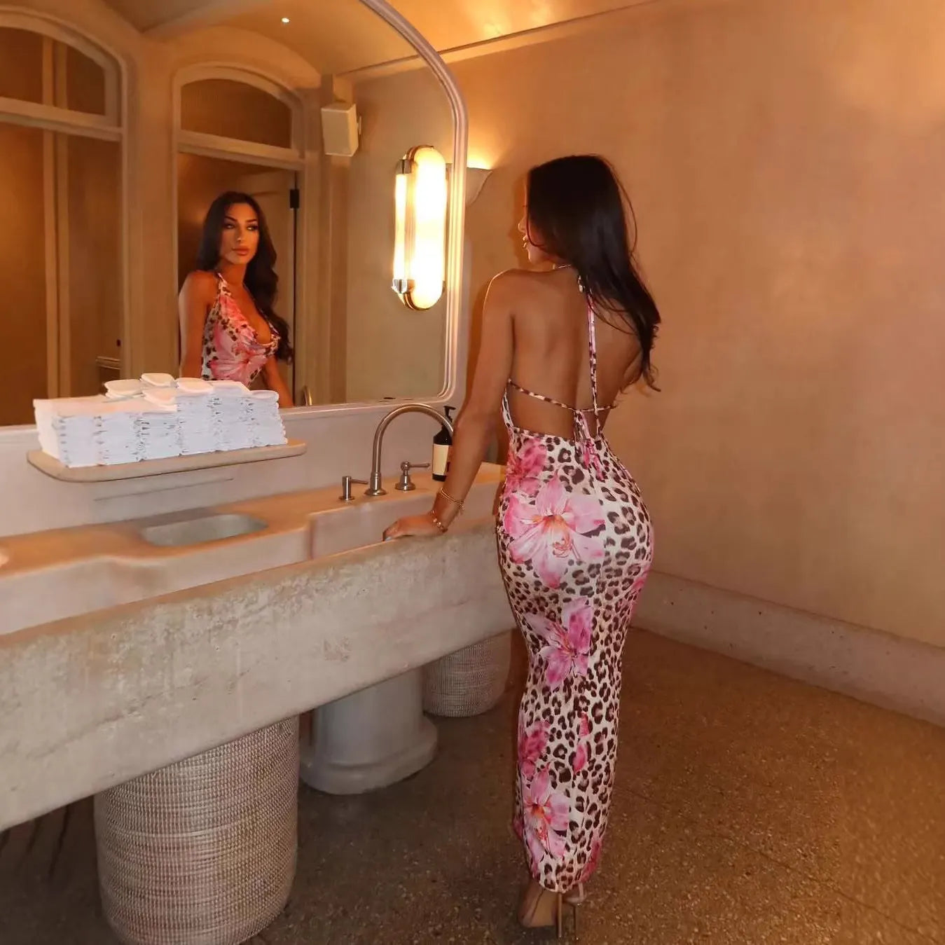 Leopard & Floral Print Halter Neck Bodycon Maxi Dress