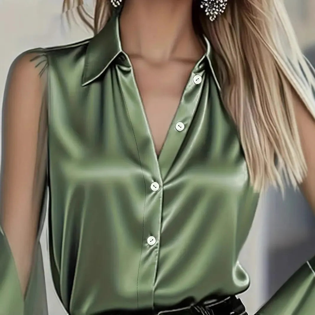 Solid Satin Lapel Button Down Elegant Shirt