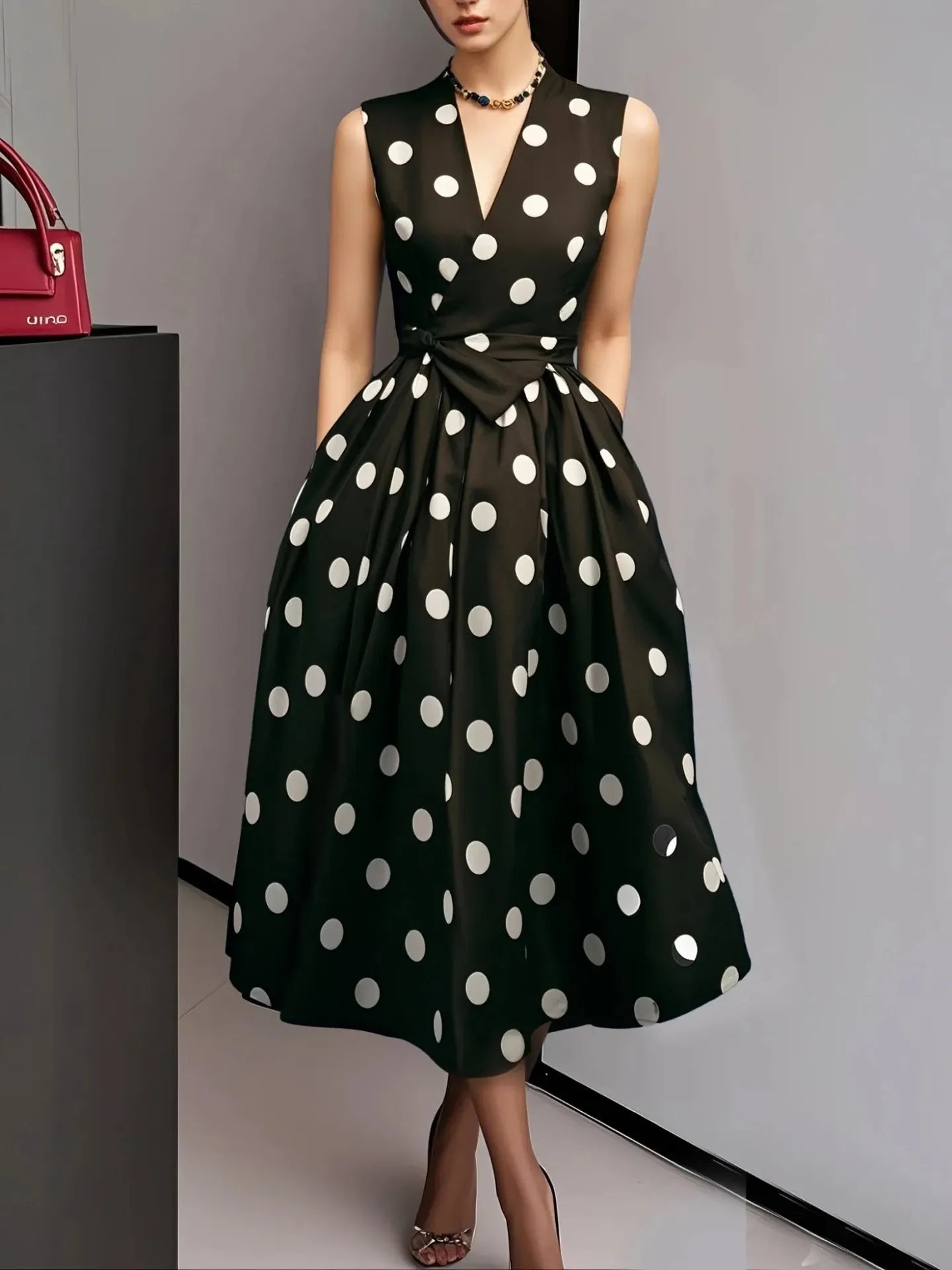 Polka Dot V Neck Sleeveless Wrap Tie High Waist A-Line Midi Dress