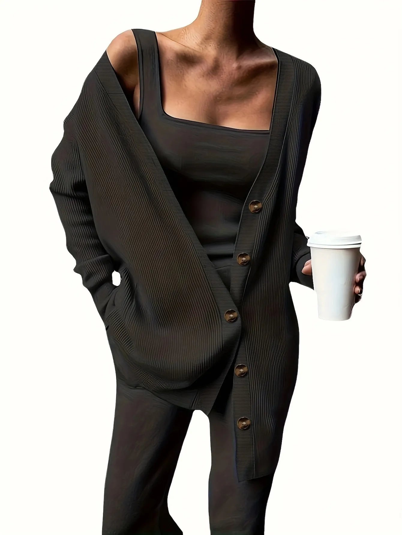 Beige Knit Cardigan, Cami Top & Wide-Leg Pants Set