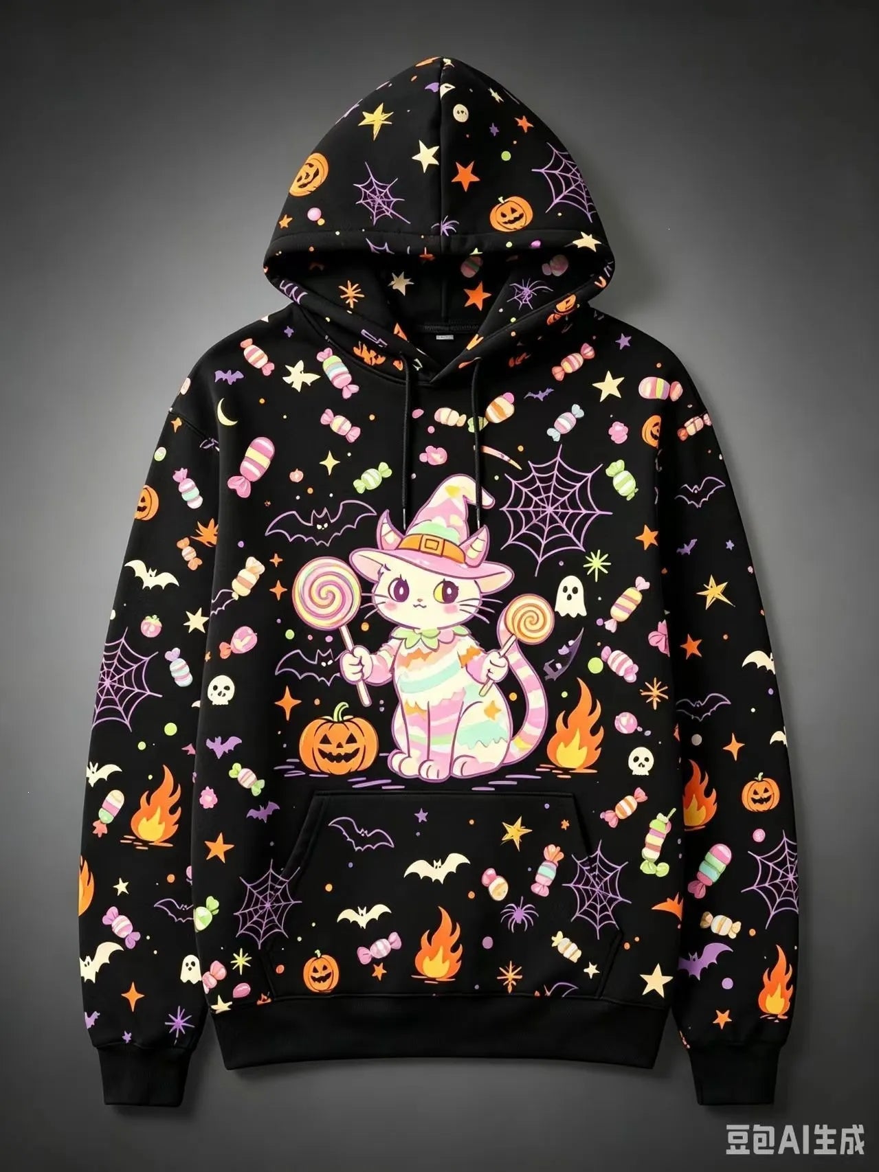 Halloween Black Cat Pumpkin Bat Moon Graphic Hoodie