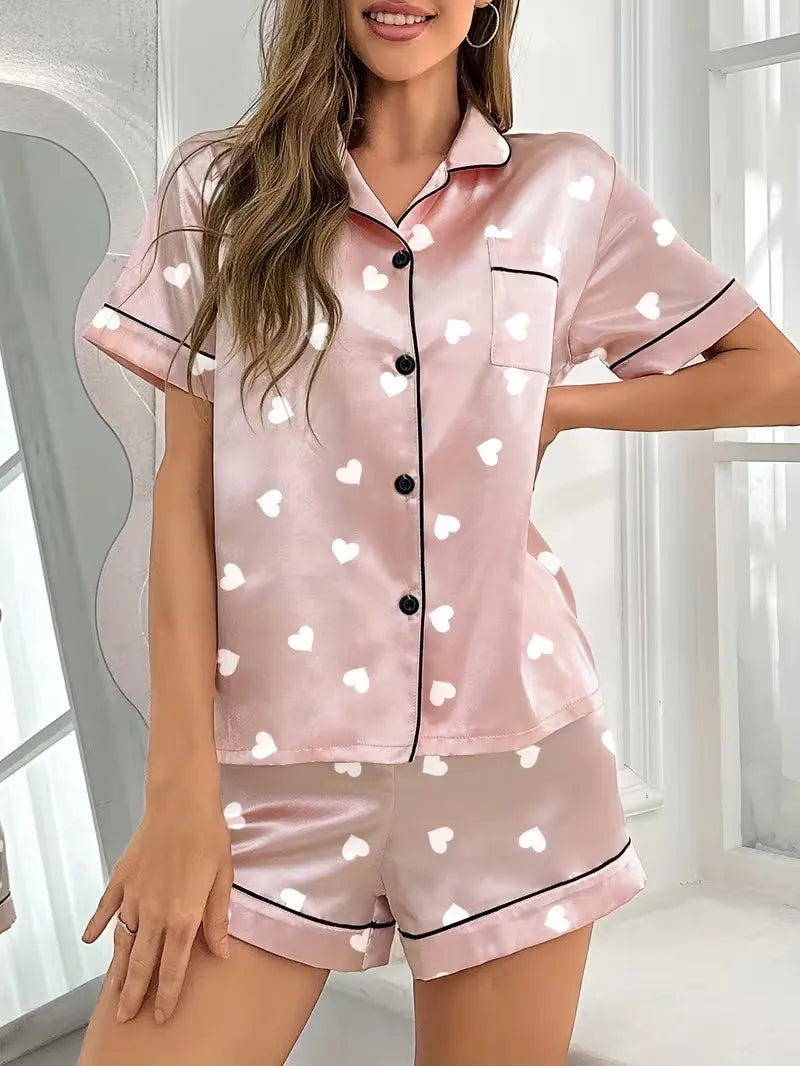 Ladies Plus Size Friendly Satin Pajama Set Cute Panda Heart Pattern Short Sleeve Top & Elastic Shorts Nightwear