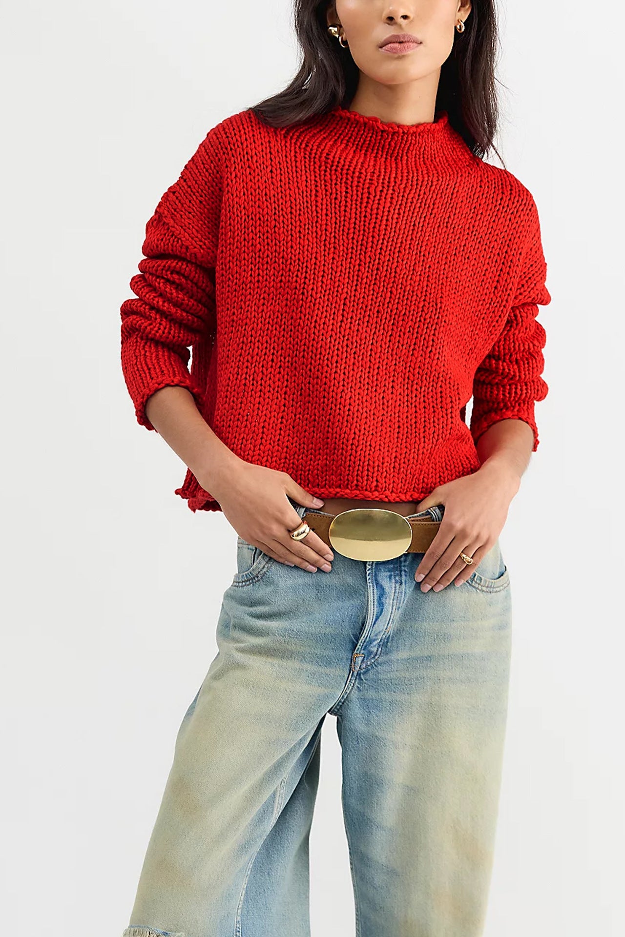 Thick Hand Knit Textured Sweater Crew Neck Long Sleeve Cropped Oversized Top