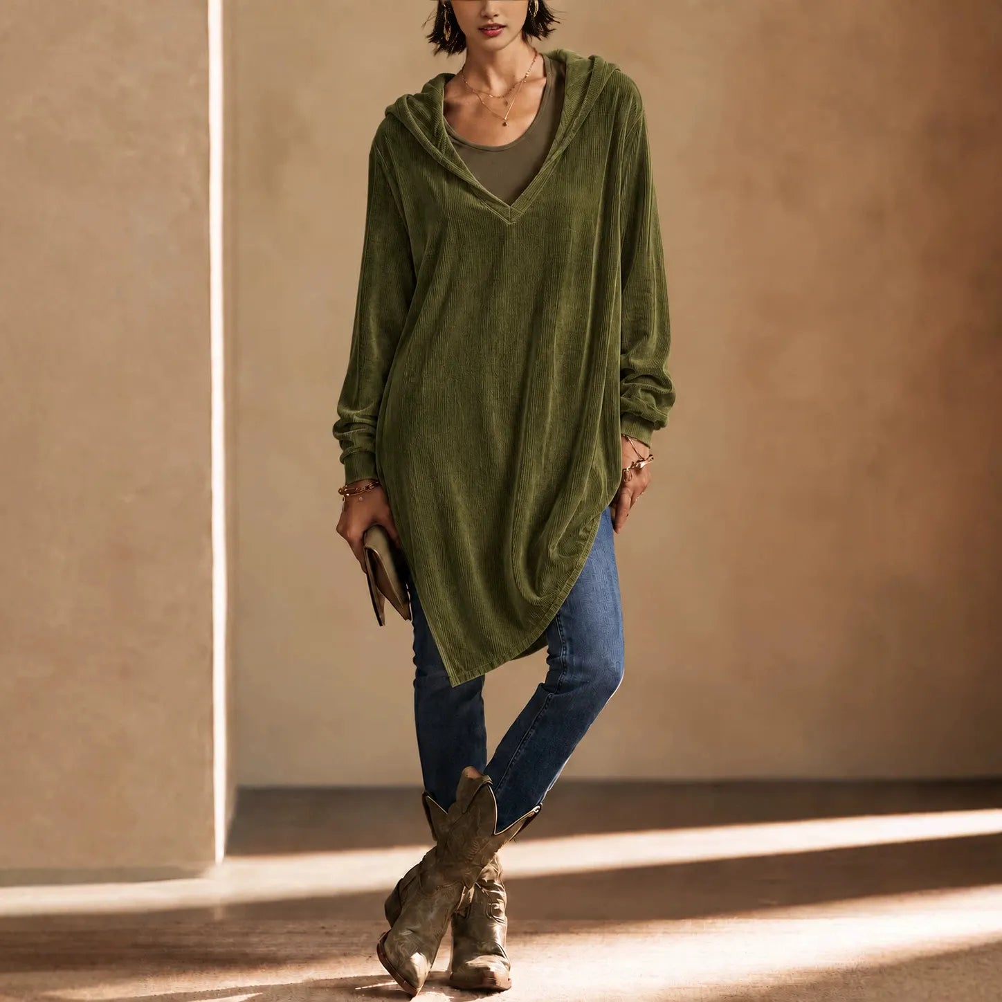 Loose Fit Corduroy V-Neck Hooded Long Sleeve Tunic Top