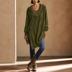 Loose Fit Corduroy V-Neck Hooded Long Sleeve Tunic Top