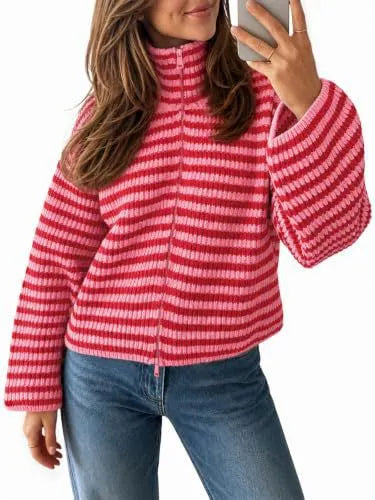 Striped Half Zip Turtleneck Knit Sweater Long Sleeve Cropped Ribbed Pullover