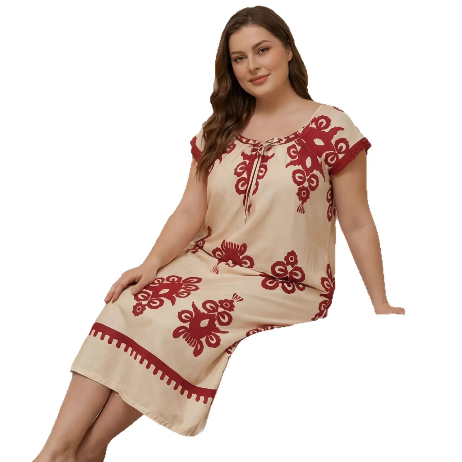 Curvy Bohemian Print Nightdress, Beige Base Red Graphic Short Sleeve Loose Midi Night Gown