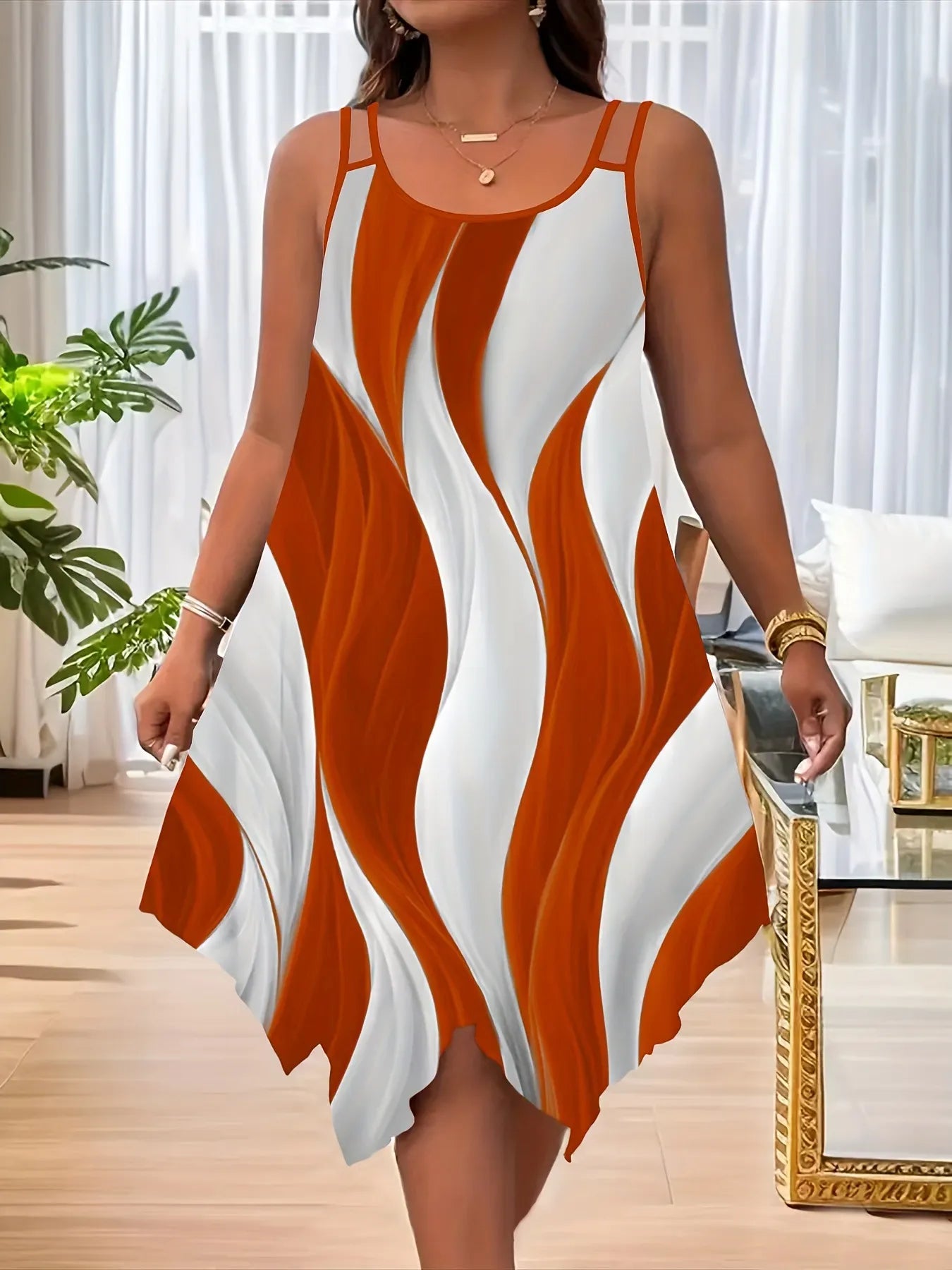 Wave Print Round Neck Double Spaghetti Strap Loose Irregular Hem Midi Dress