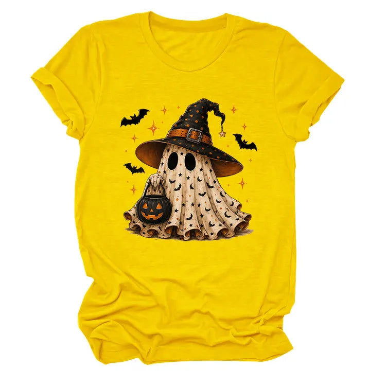 Halloween Ghost Witch Bat Print Crew Neck Short Sleeve T‑Shirt