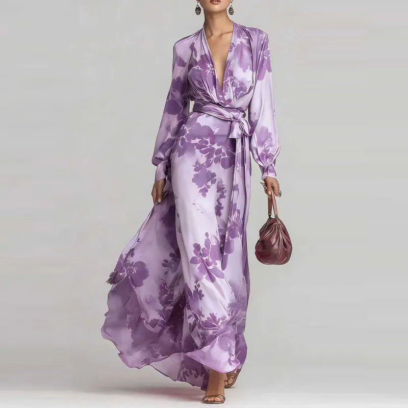 Pink Floral Deep V-Neck Belted Long Sleeve Maxi Dress