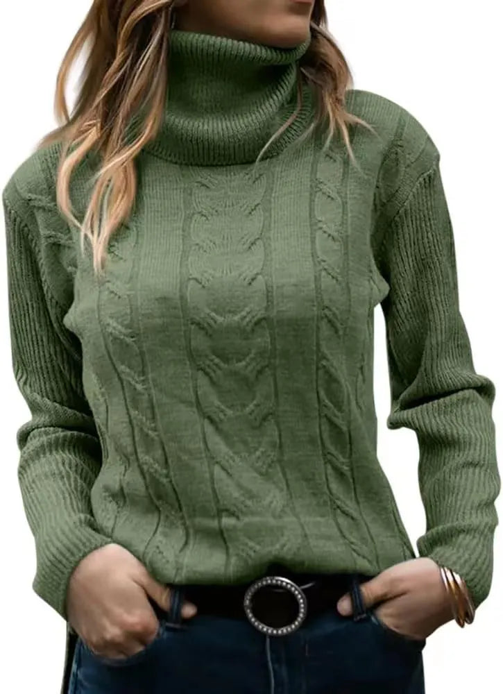 Thick Cable Knit Turtleneck Sweater, Classic Warm Long Sleeve Winter Jumper