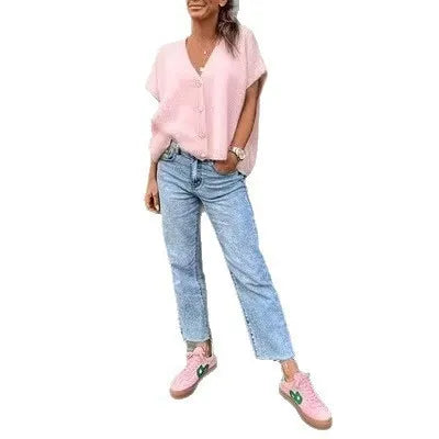 Pink Fuzzy Short-Sleeve Knit Sweater