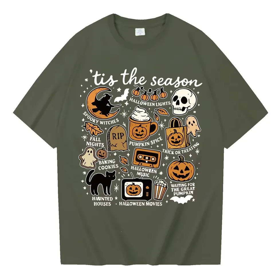 Halloween Retro Letter Graphic Crew Neck Short Sleeve T‑Shirt