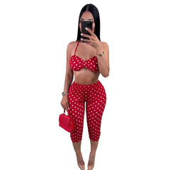Polka Dot Halter Cutout Crop Top & Capri Pants Two Piece Set