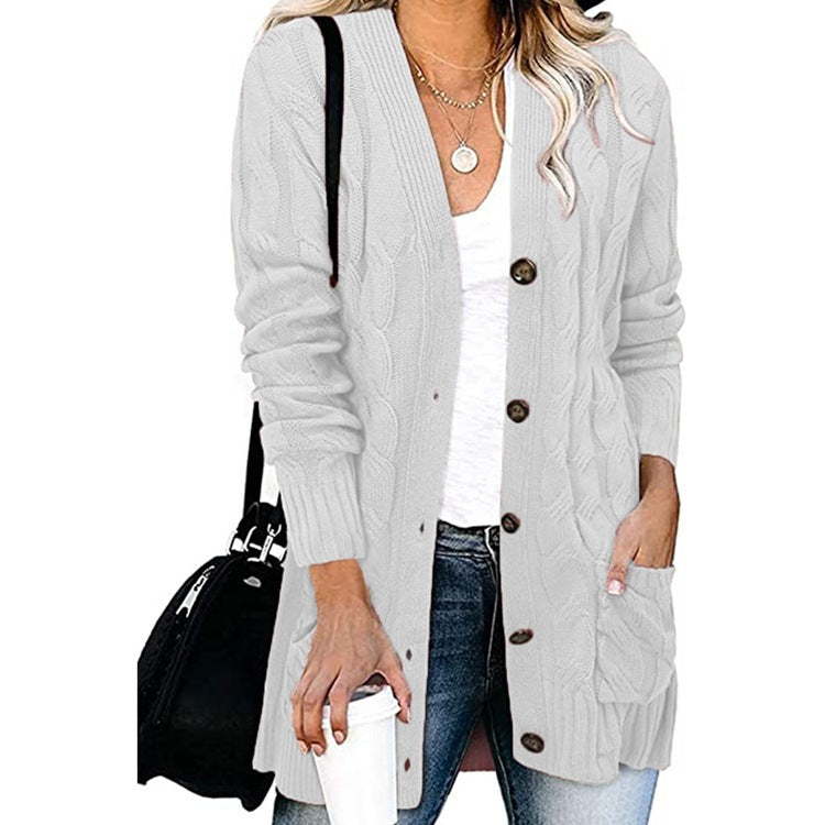 Casual Long Sleeve Cable Knit Cardigan Ladies Mid Length Open Front Button Sweater Jacket