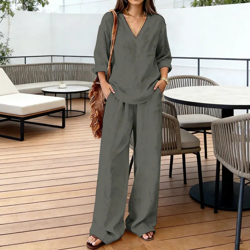 Solid V-Neck Long Sleeve Top & Wide Leg Pants Two-Piece Set