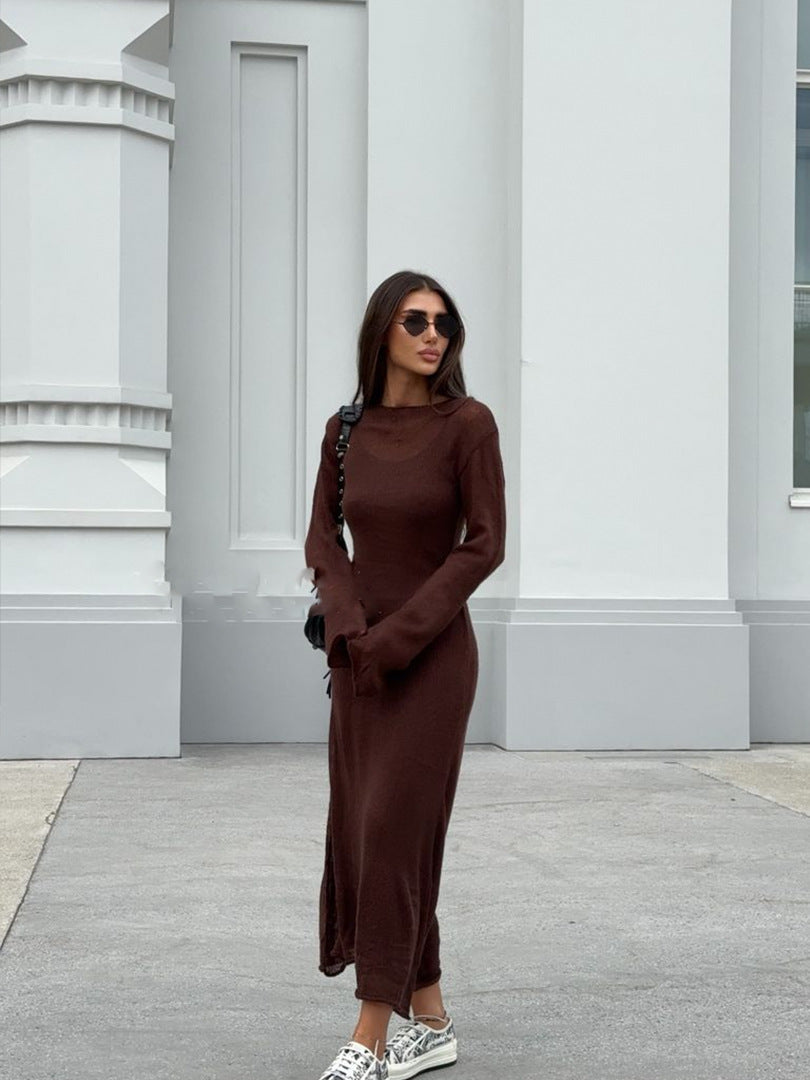Light Pink Semi Sheer Knit Dress, Ladies Crew Neck Flared Sleeve Elegant Long Knit Midi Dress