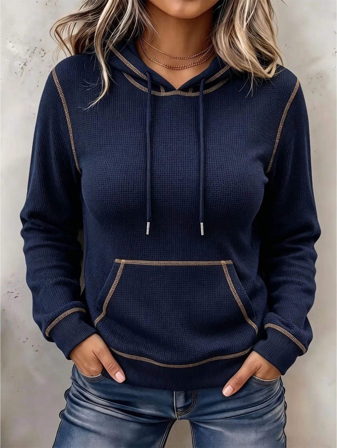 Casual White Waffle Knit Hoodie for Contrast Stitching Long Sleeve Pullover