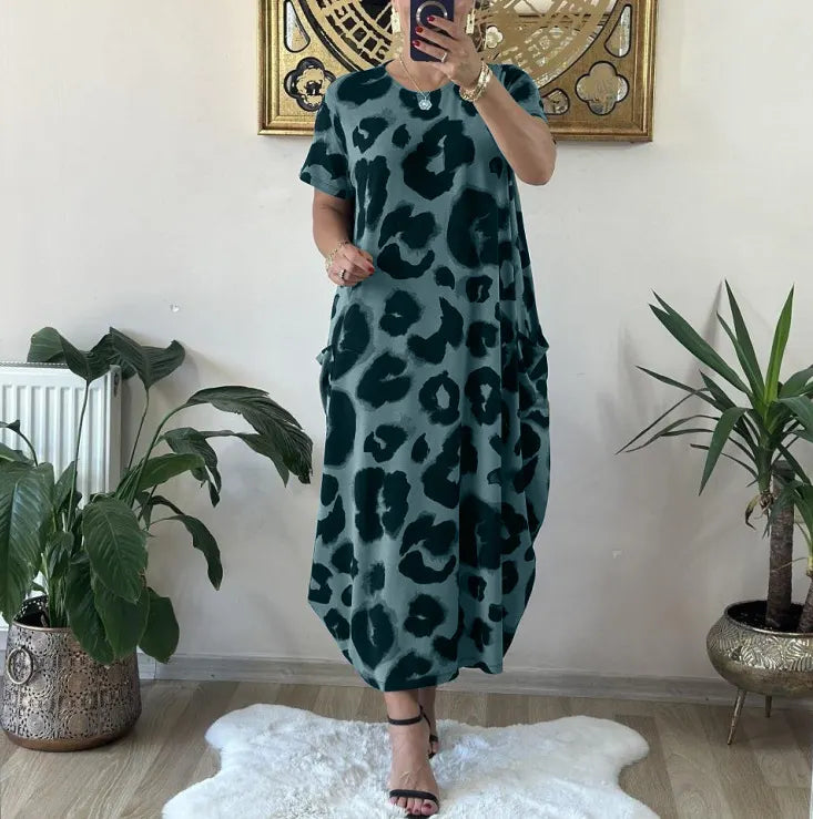 Leopard Print Maxi Dress Oversized Loose Fit Pocket Dress