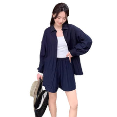 Oversized Long Sleeve Shirt Drawstring Shorts / Pants 2 Piece Casual Suit