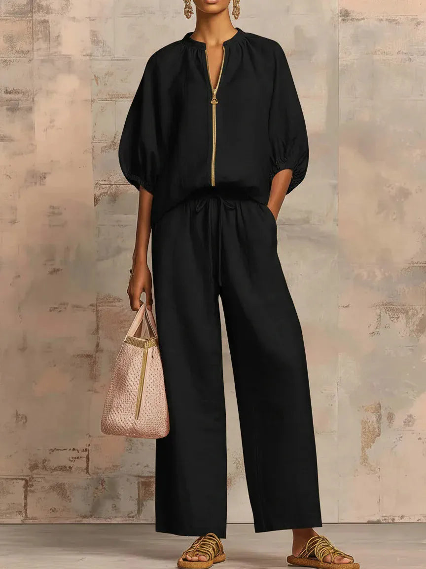 Stand Collar Gold Zip Linen 2 Piece Outfit, Puff Sleeve Drawstring High Waist Wide Leg Pocket Pants