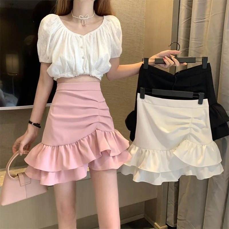 High-Waisted Ruched Ruffle Mini Skirt