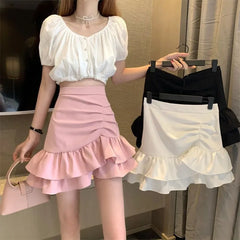High-Waisted Ruched Ruffle Mini Skirt