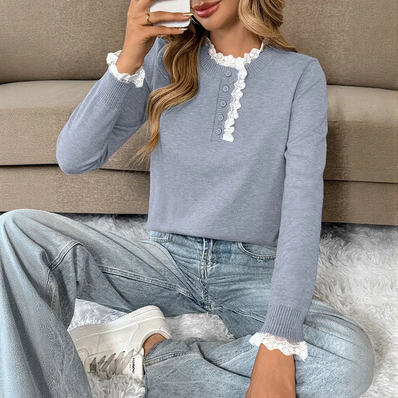Feminine Lace Trim Knit Sweater, Button Placket Long Sleeve Soft Fall Basic Top