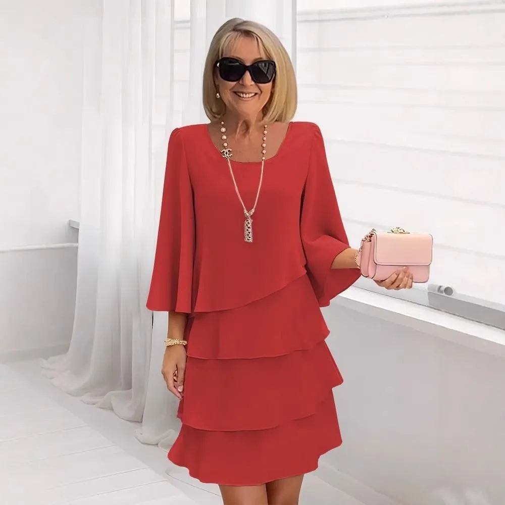 Solid Color Round Neck Layered Flared Sleeve Dress