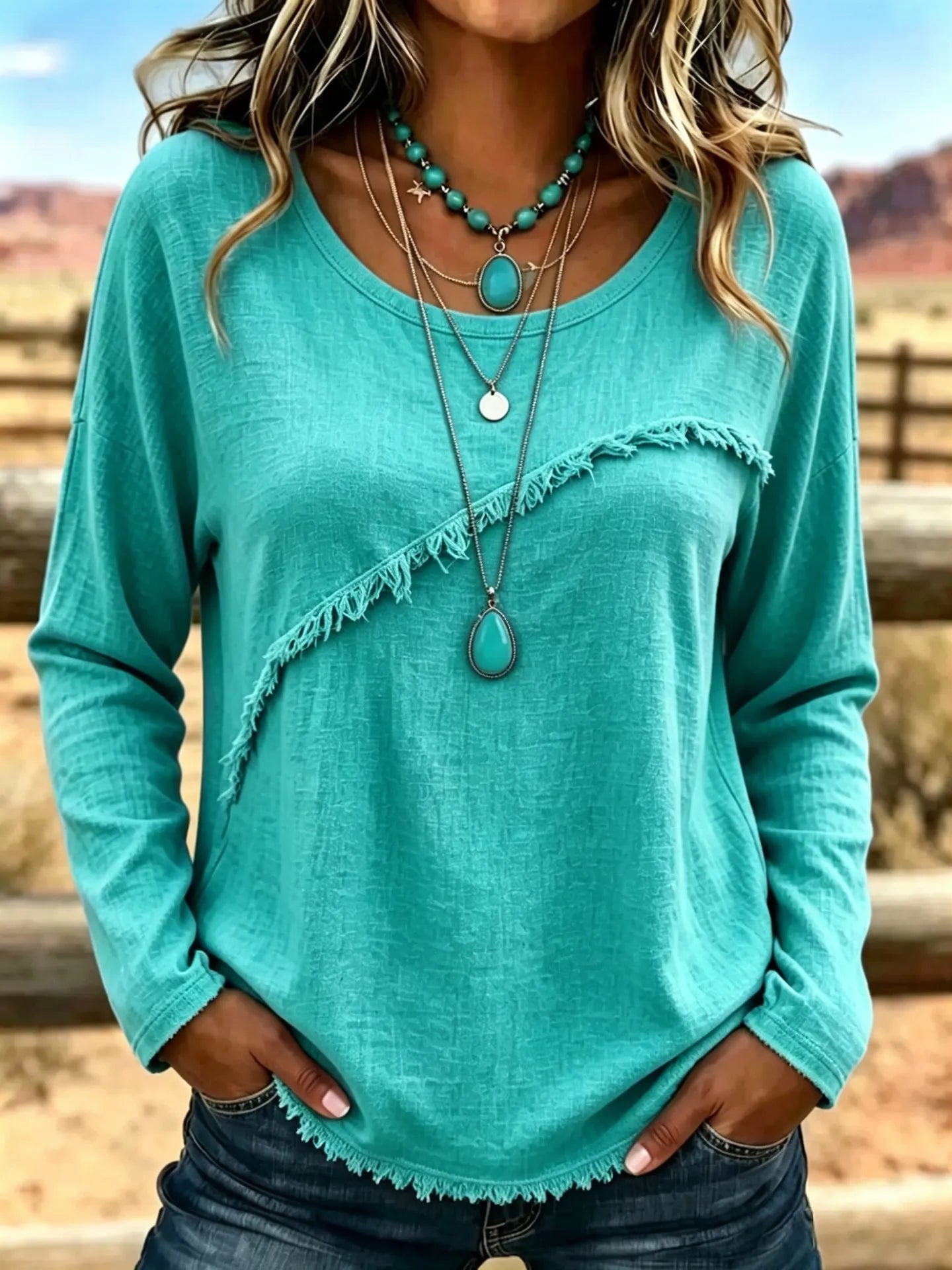 Crew Neck Diagonal Fringe Spliced Long Sleeve Polyester Casual Top