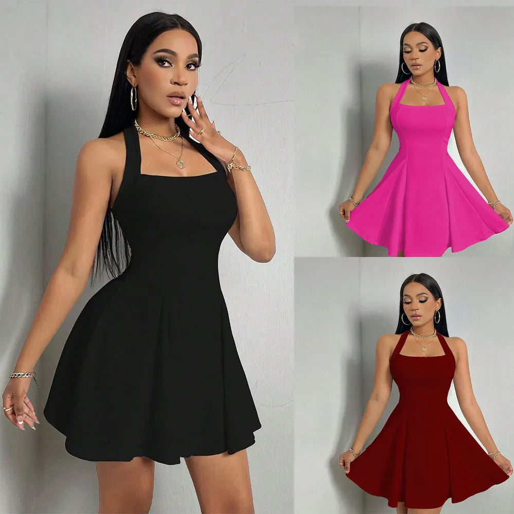 Halter Neck Square Neck Flare Mini Dress, Sleeveless Fit & Flare Party Dress (3 Colors)